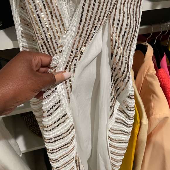 White & Gold Sequin Dress w/ side split - Picture 3 of 5